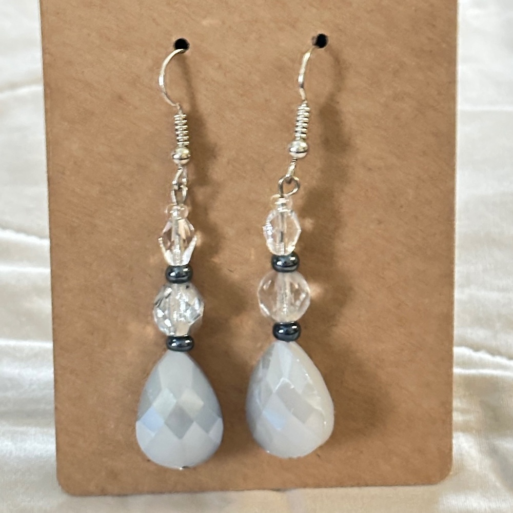2/$15 Silver Tone Hook Earrings Gray teardrop 2 clear & 2 steel blue beads